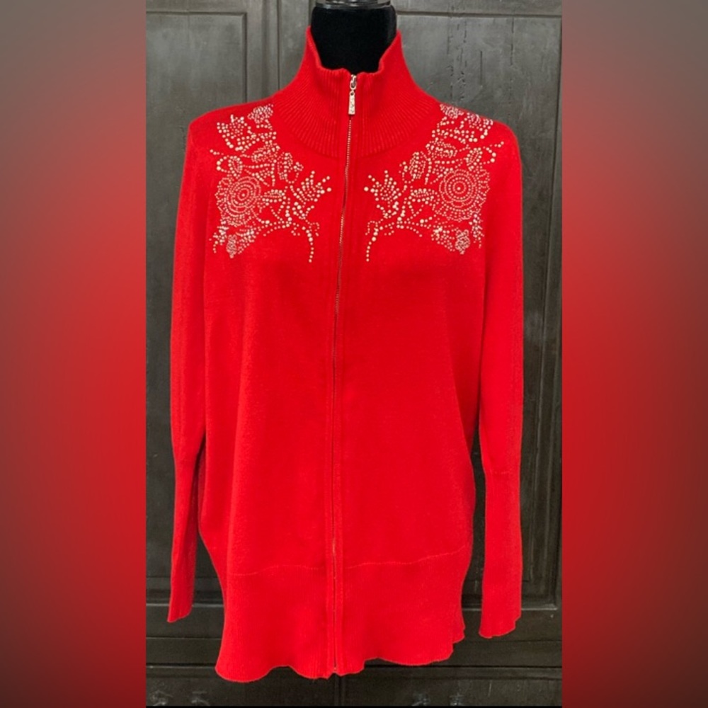 Questions red zipped up sweater cardigan. Size L